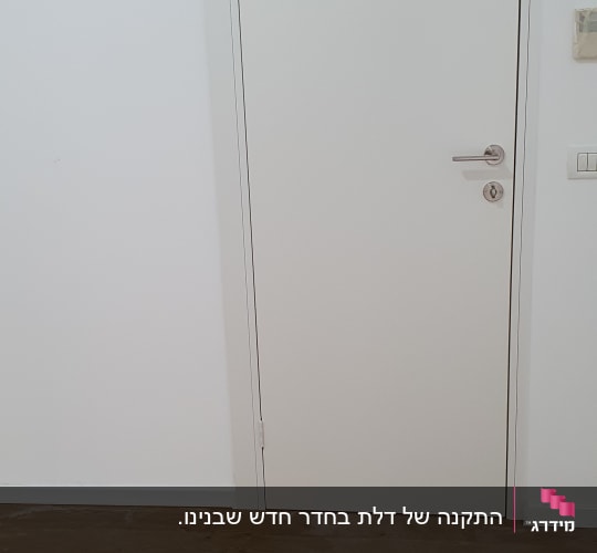 דלת לבנה עם ידית כסופה על רקע קיר לבן